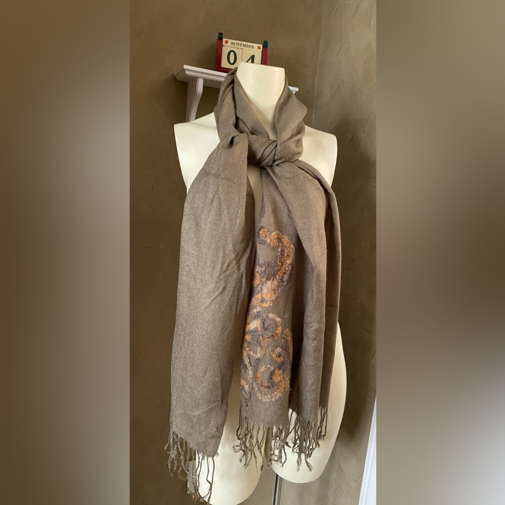 Coldwater Creek Wool blend Embroidered Wrap Dark Olive Green Fringe trim